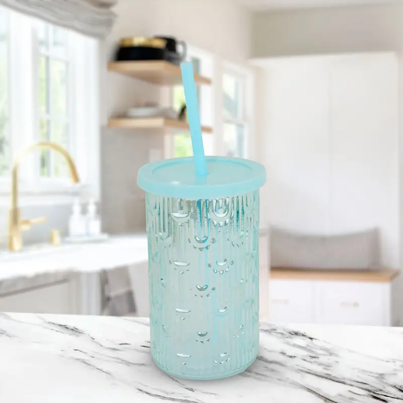 Vaso De Cristal Con Tapa Y Popote, Color Azul, 450 Ml 2