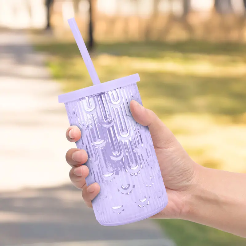 Vaso De Cristal Con Tapa Y Popote, Color Morado, 450 Ml 1