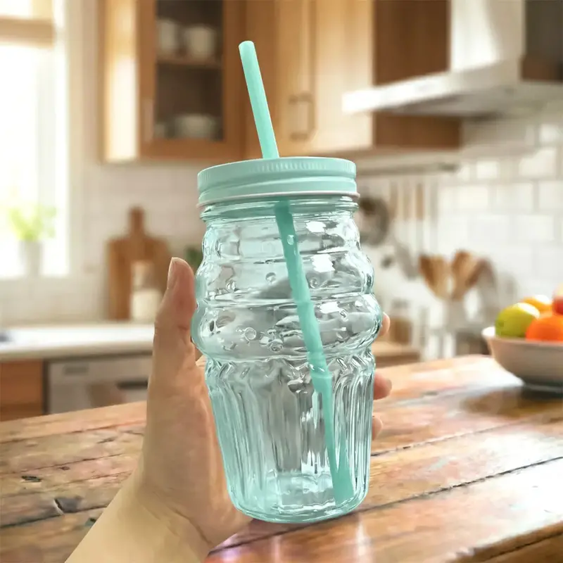 Vaso De Cristal Con Tapa Y Popote, Cono Helado, Color Azul 1