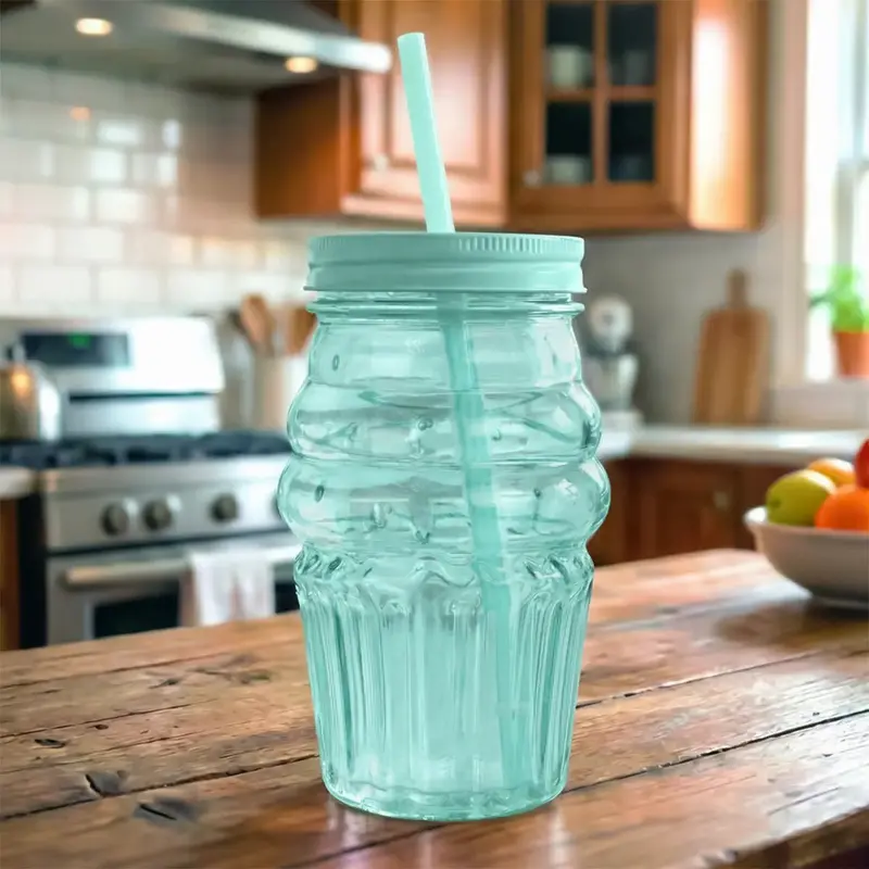 Vaso De Cristal Con Tapa Y Popote, Cono Helado, Color Azul 2