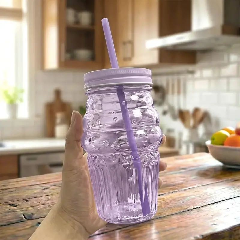 Vaso De Cristal Con Tapa Y Popote, Cono Helado, Color Morado 1