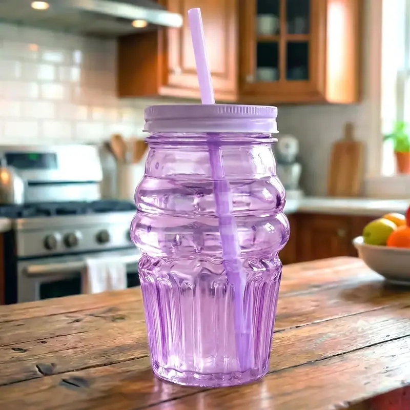 Vaso De Cristal Con Tapa Y Popote, Cono Helado, Color Morado 2