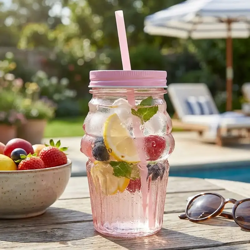 Vaso De Cristal Con Tapa Y Popote, Cono Helado, Color Rosa 1