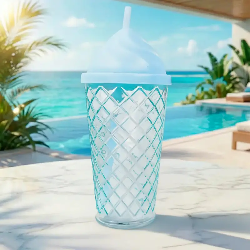 Vaso De Cristal Con Tapa Y Popote, Helado, Color Azul 1