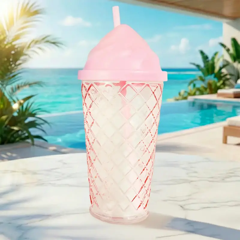 Vaso De Cristal Con Tapa Y Popote, Helado, Color Rosa 1