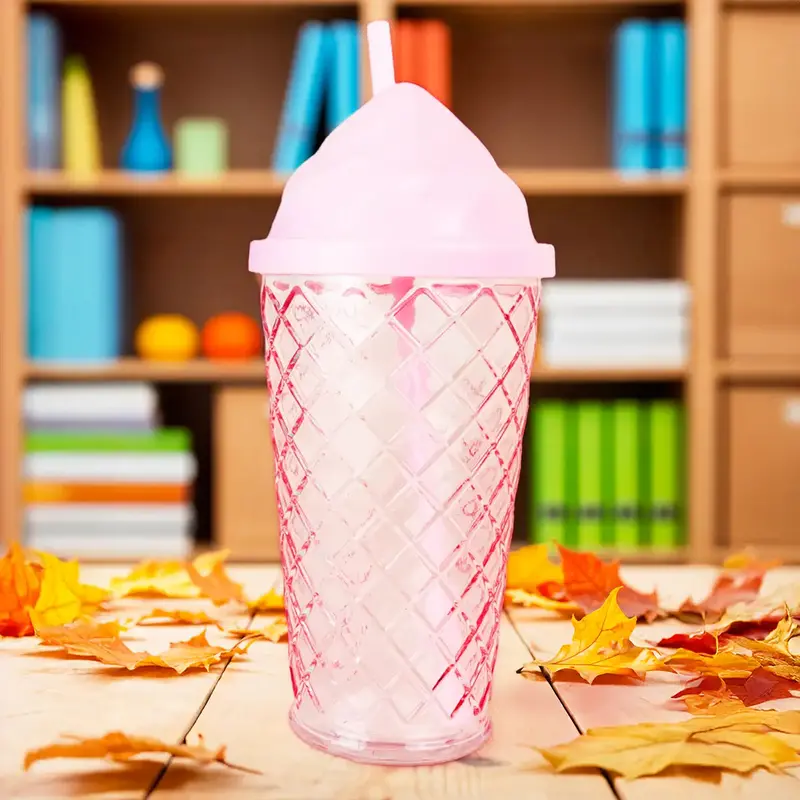 Vaso De Cristal Con Tapa Y Popote, Helado, Color Rosa 2