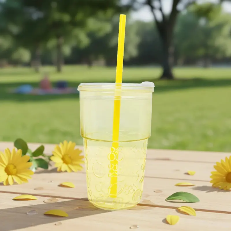Vaso De Cristal Con Tapa Y Popote, Relieve Frutas, Color Amarillo 1