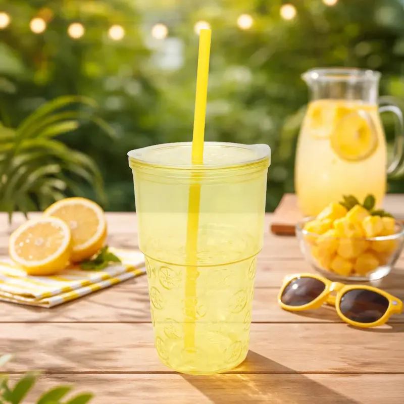 Vaso De Cristal Con Tapa Y Popote, Relieve Frutas, Color Amarillo 2