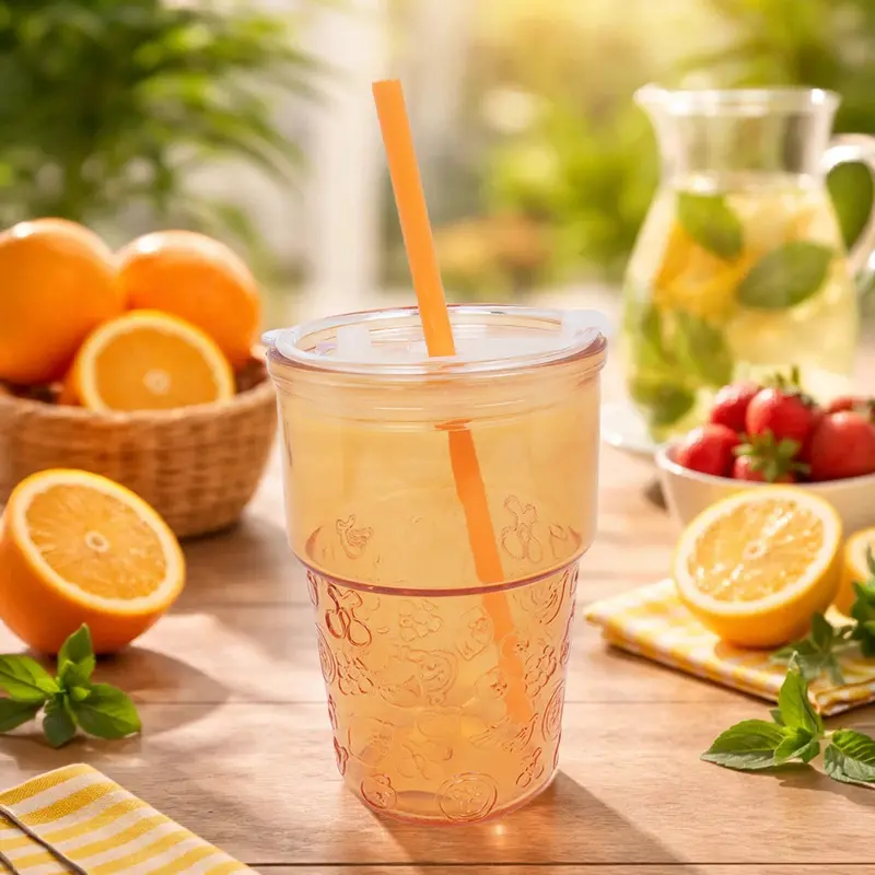 Vaso De Cristal Con Tapa Y Popote, Relieve Frutas, Color Naranja 2