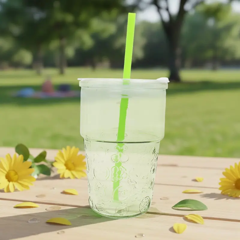 Vaso De Cristal Con Tapa Y Popote, Relieve Frutas, Color Verde 1
