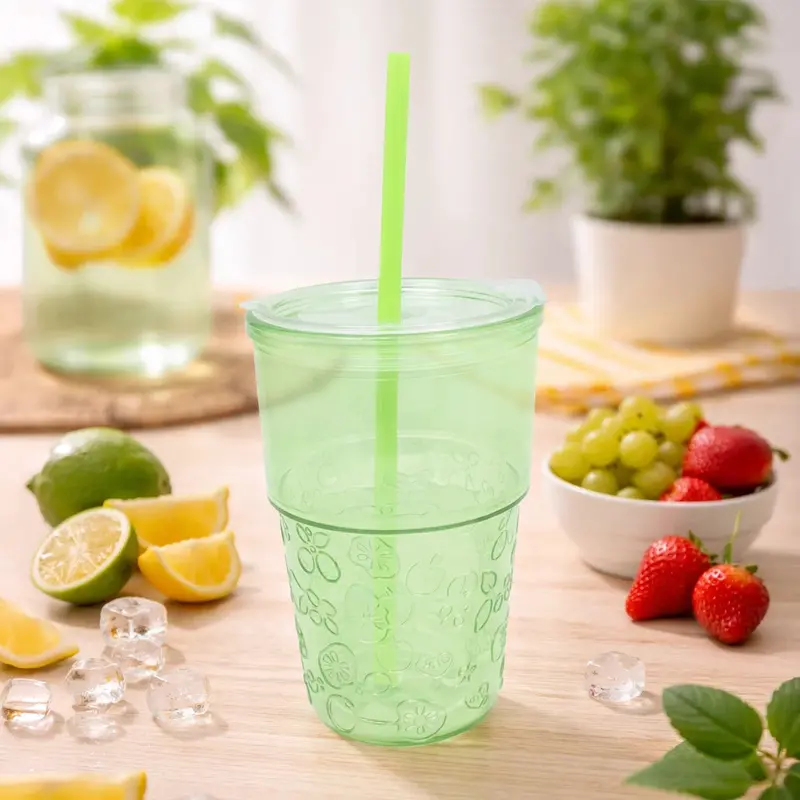 Vaso De Cristal Con Tapa Y Popote, Relieve Frutas, Color Verde 2