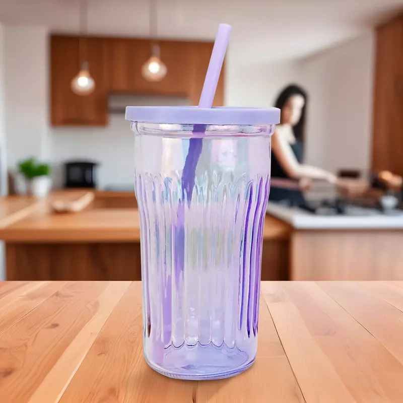 Vaso De Cristal Con Tapa Y Popote, Tornasol Color Morado, 480 Ml 1
