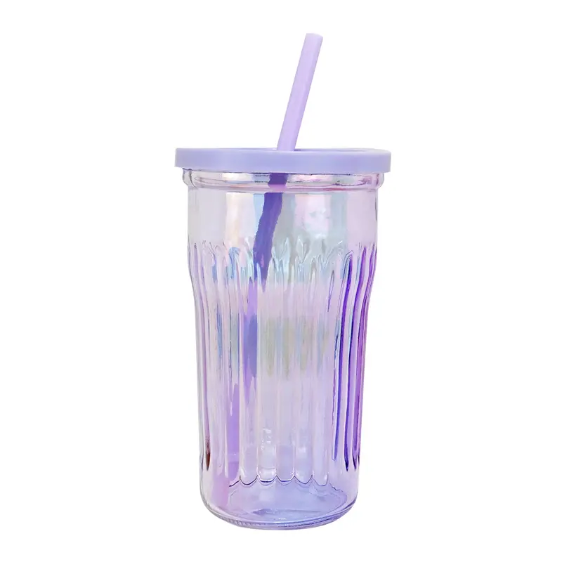 Vaso De Cristal Con Tapa Y Popote, Tornasol Color Morado, 480 Ml 2