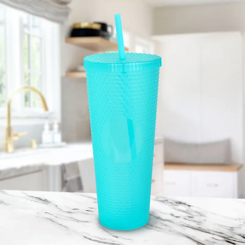 Vaso De Plástico Color Aqua Con Popote, 1100Ml 1