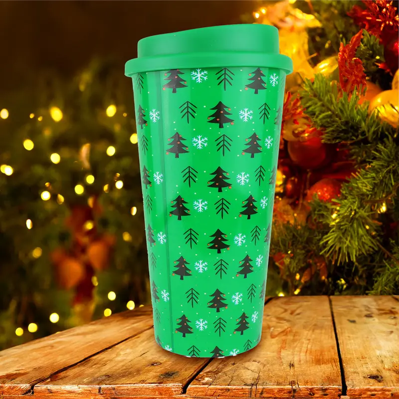Vaso De Plástico Con Tapa, Diseño Pinos, Color Verde 1