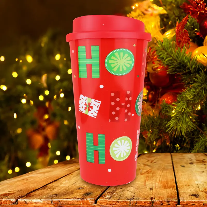 Vaso De Plástico Con Tapa "Hohoho", Color Rojo 2