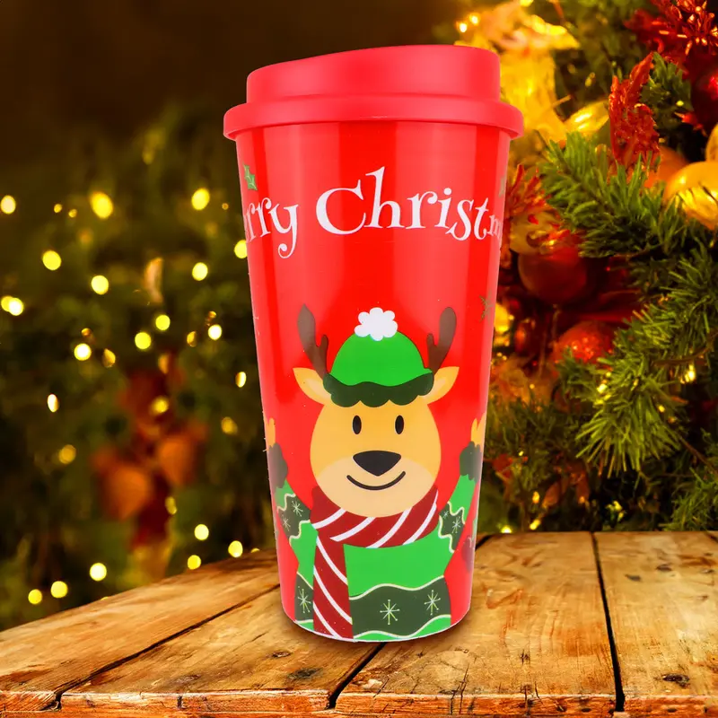Vaso De Plástico Con Tapa "Merry Christmas", Diseño Reno 1