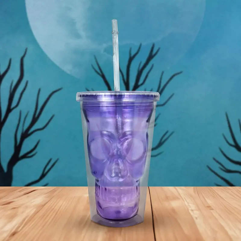 Vaso De Plástico Con Tapa Y Popote, Color Morado 2