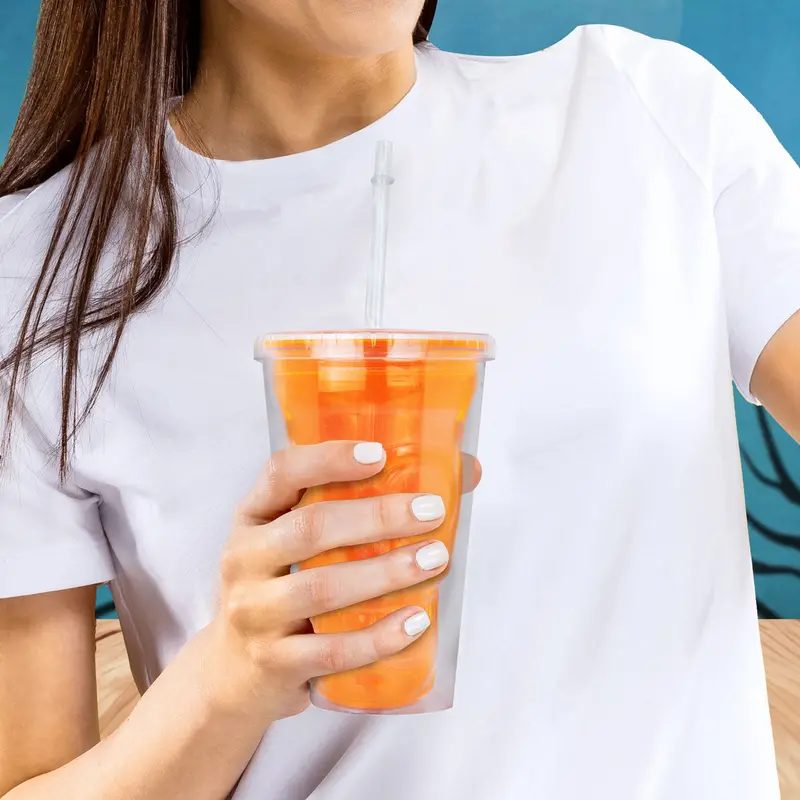Vaso De Plástico Con Tapa Y Popote, Color Naranja 1