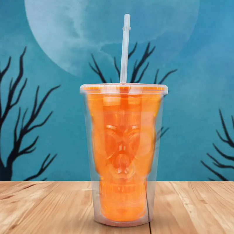 Vaso De Plástico Con Tapa Y Popote, Color Naranja 2