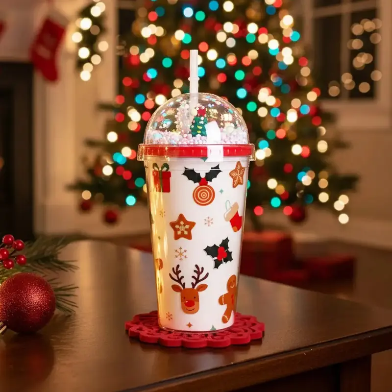 Vaso De Plástico Con Tapa Y Popote, Navideño 1
