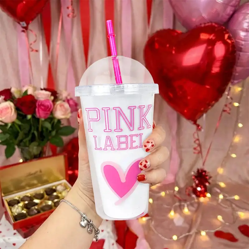 Vaso De Plástico Con Tapa Y Popote, Pink Label 1