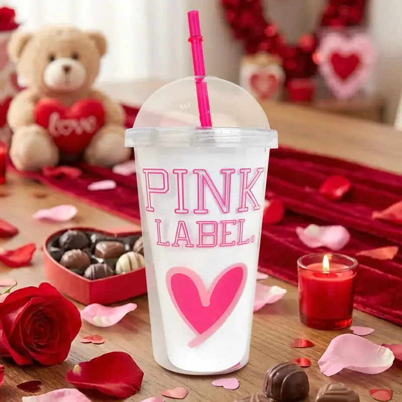 Vaso De Plástico Con Tapa Y Popote, Pink Label 2