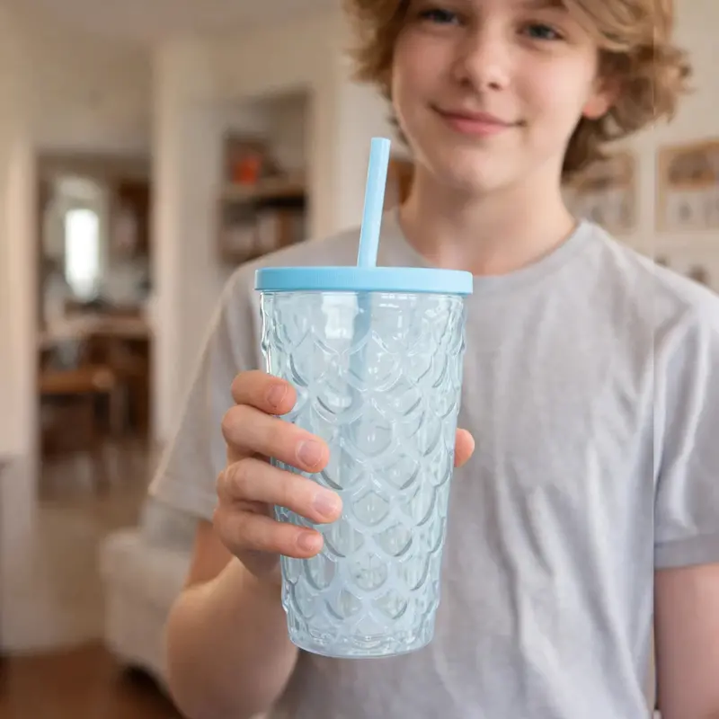 Vaso De Plástico Con Tapa Y Popote, Sirena, Color Azul 2