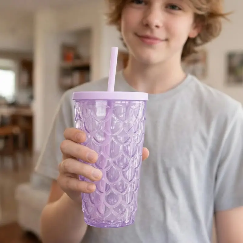 Vaso De Plástico Con Tapa Y Popote, Sirena, Color Morado 1