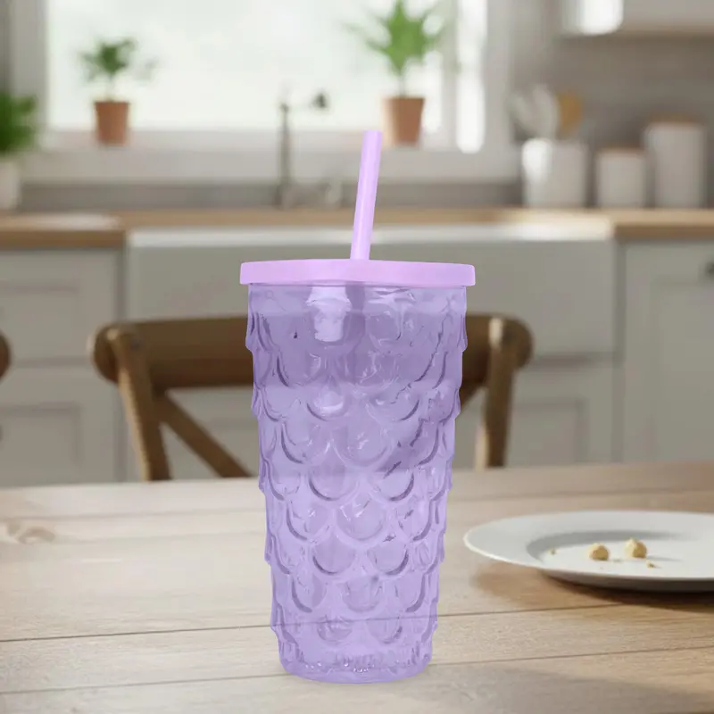 Vaso De Plástico Con Tapa Y Popote, Sirena, Color Morado 2