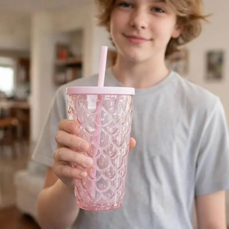 Vaso De Plástico Con Tapa Y Popote, Sirena, Color Rosa 1