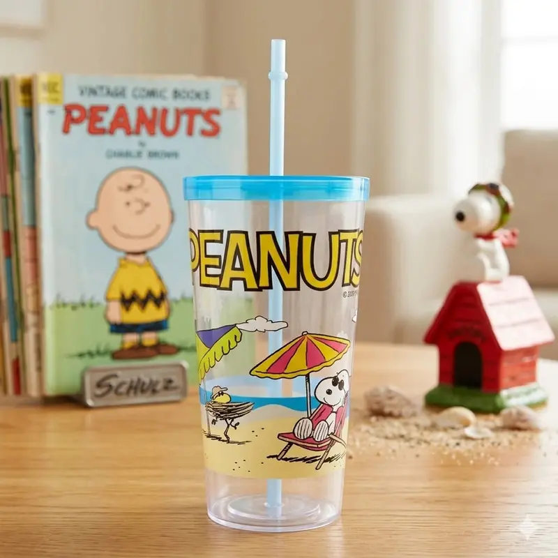 Vaso De Plástico Con Tapa Y Popote, Snoopy, Color Azul, 900 Ml 1