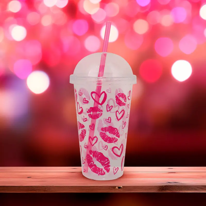 Vaso De Plástico Transparente Con Diseño De Besos, Color Fiusha 1