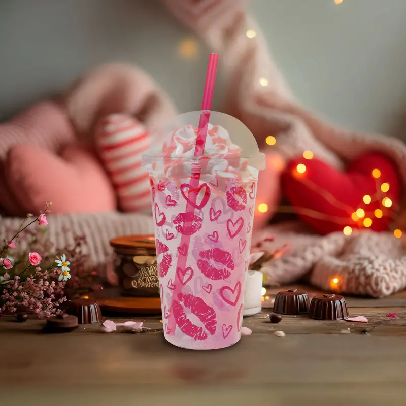 Vaso De Plástico Transparente Con Diseño De Besos, Color Fiusha 2