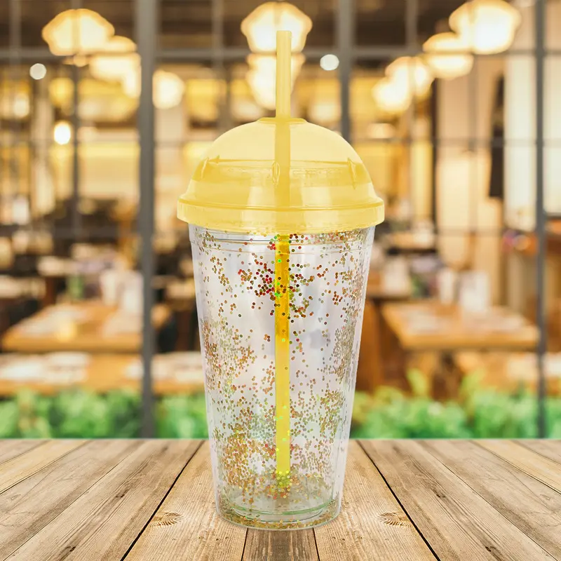 Vaso Decorado Color Amarillo Con Popote, 500Ml 1