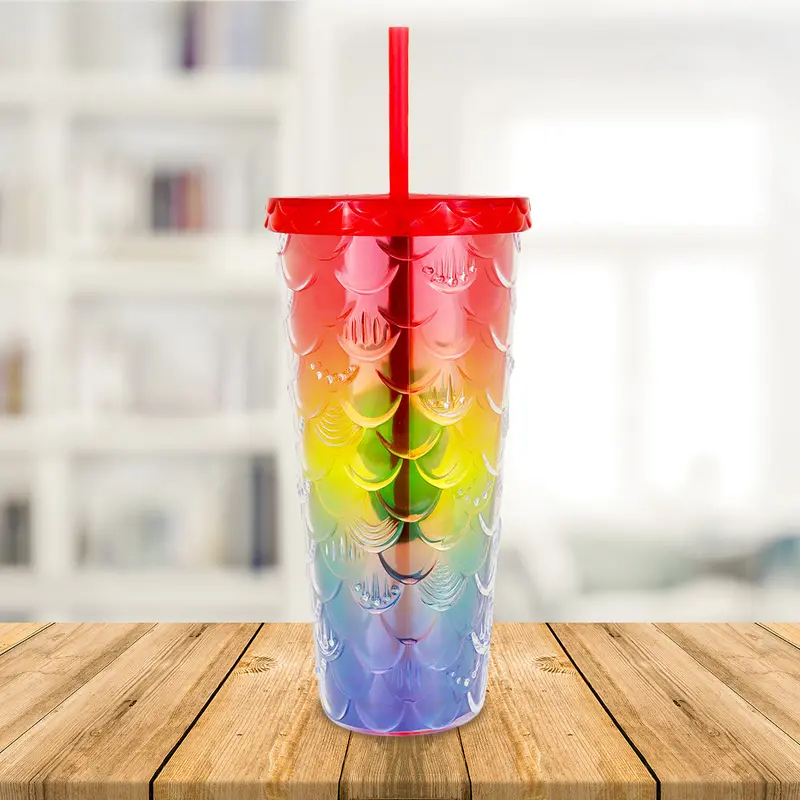 Vaso Decorado Color Arcoíris Con Popote, 650Ml 1