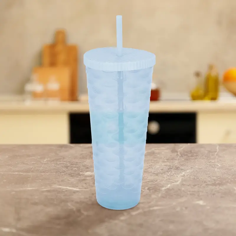 Vaso Decorado Color Azul Cielo Con Popote, 1100Ml 2