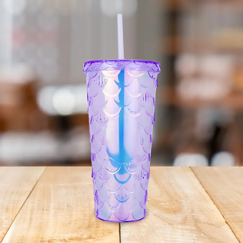 Vaso Decorado Color Morado Con Popote, 650Ml 1