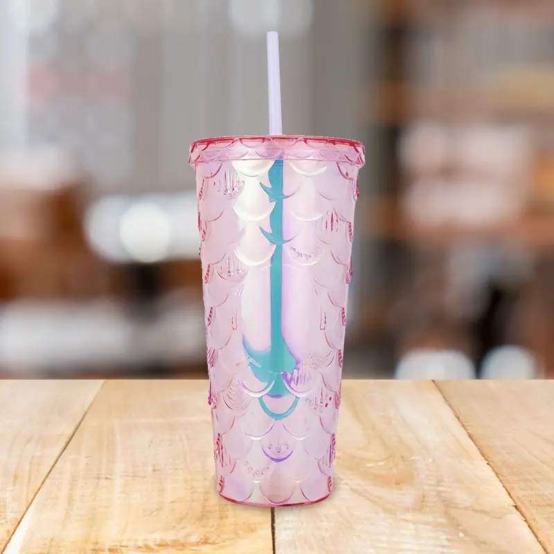 Vaso Decorado Color Rosa Con Popote, 650Ml 1