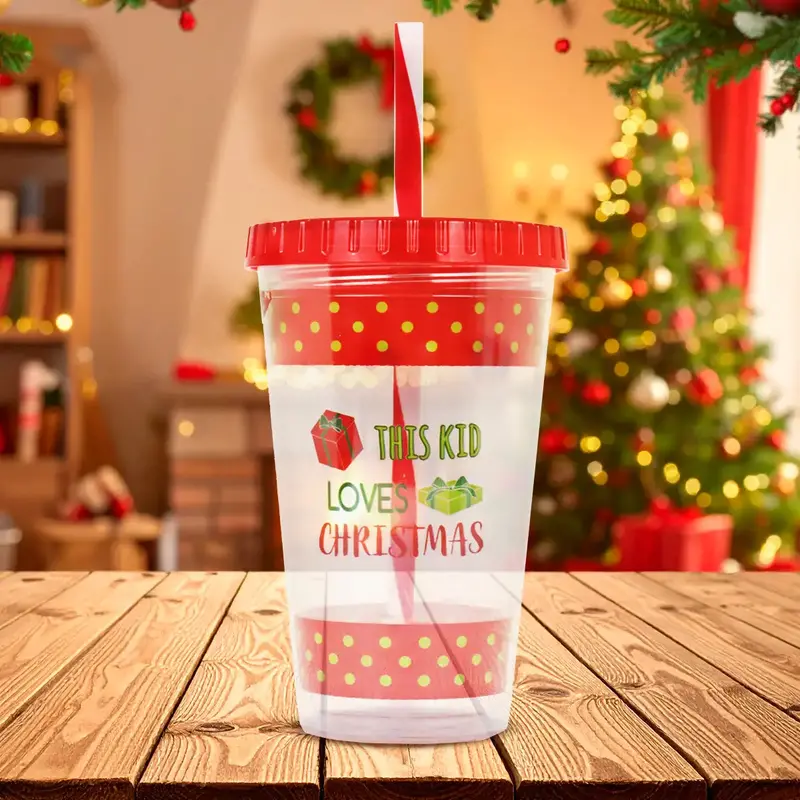 Vaso Navideño Con Tapa Y Popote, Color Rojo 2