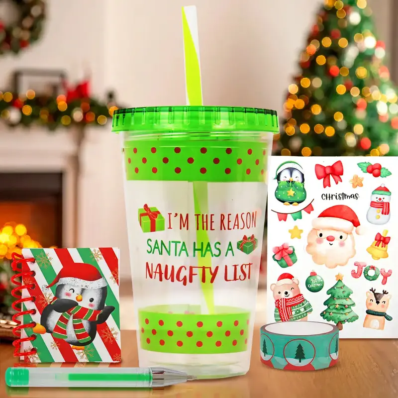 Vaso Navideño Con Tapa Y Popote, Color Verde 1