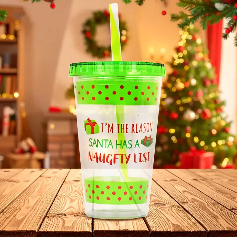 Vaso Navideño Con Tapa Y Popote, Color Verde 2