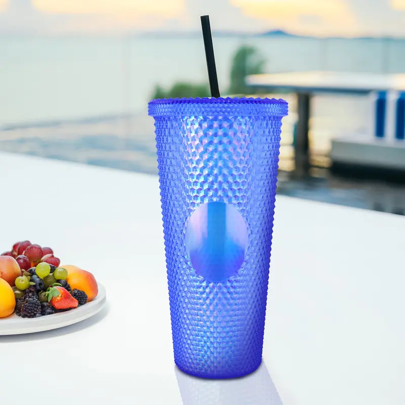 Vaso Texturizado Color Azul Rey Con Popote, 650Ml 1