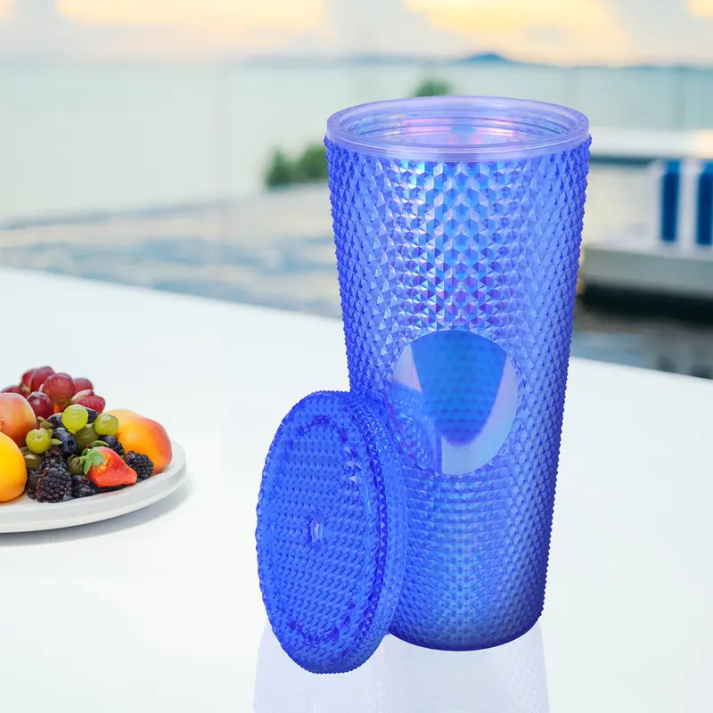 Vaso Texturizado Color Azul Rey Con Popote, 650Ml 2