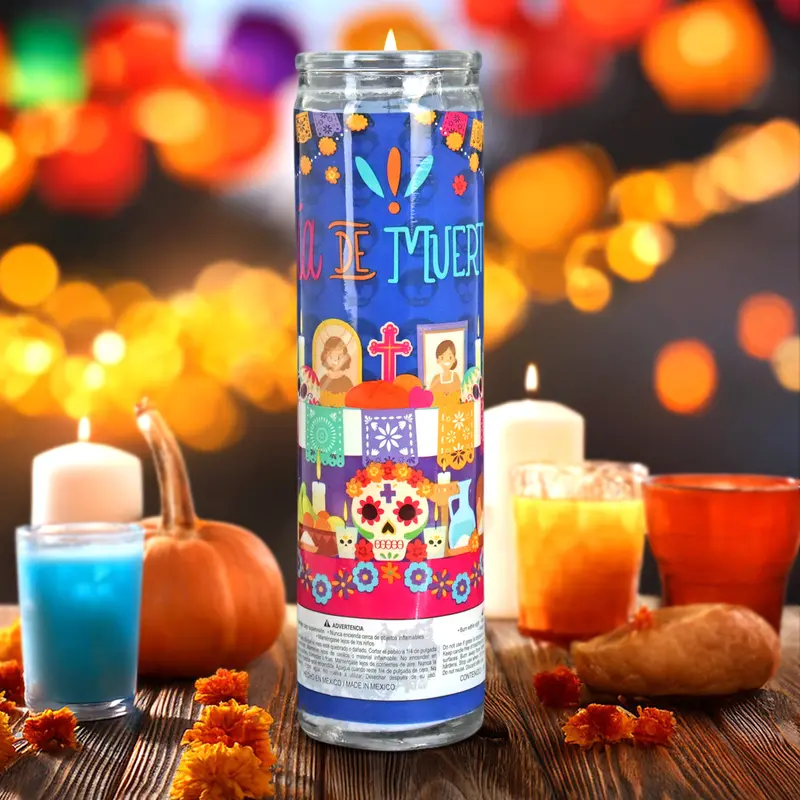 Veladora Con Diseño De Altar Para Día De Muertos, Color Azul 1