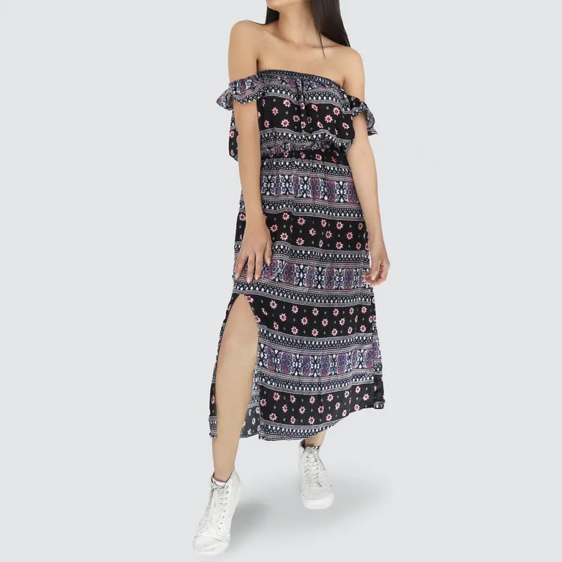 Vestido Casual Con Abertura Frontal Para Dama, Color Negro Con Azul 1