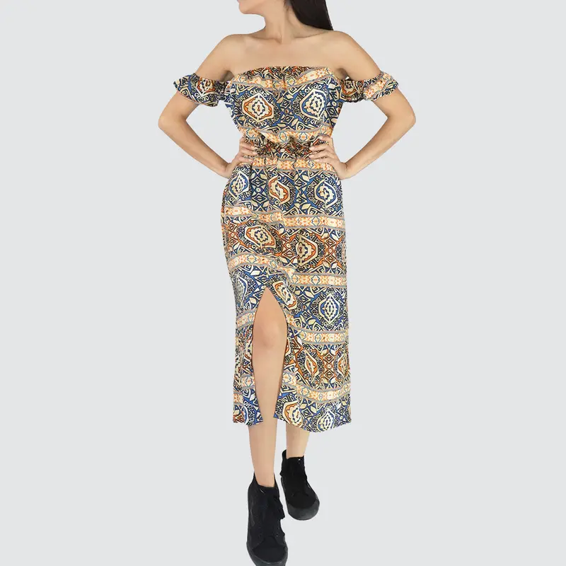 Vestido Casual Con Hombros Descubiertos Para Dama, Color Azul Con Naranja 1