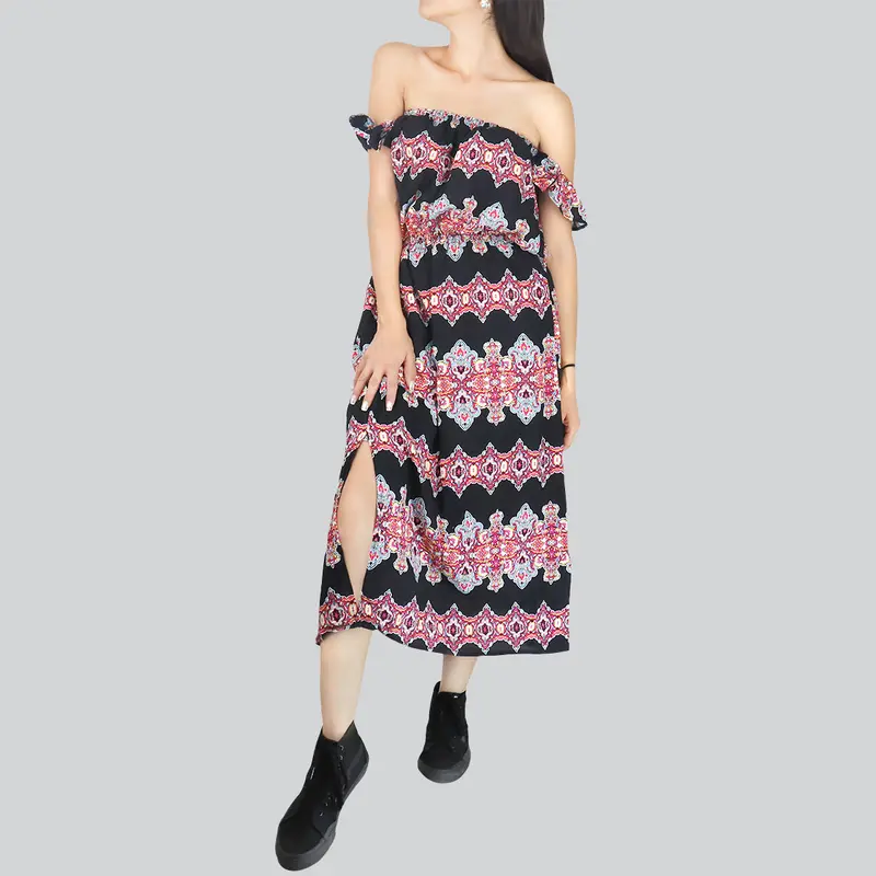 Vestido Casual Con Hombros Descubiertos Para Dama, Color Negro Con Fucsia 1