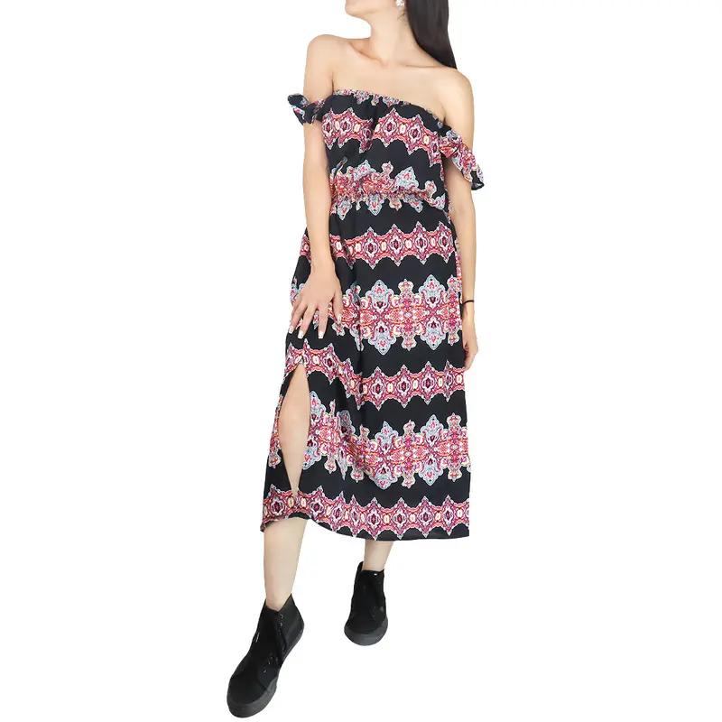 Vestido Casual Con Hombros Descubiertos Para Dama, Color Negro Con Fucsia 2