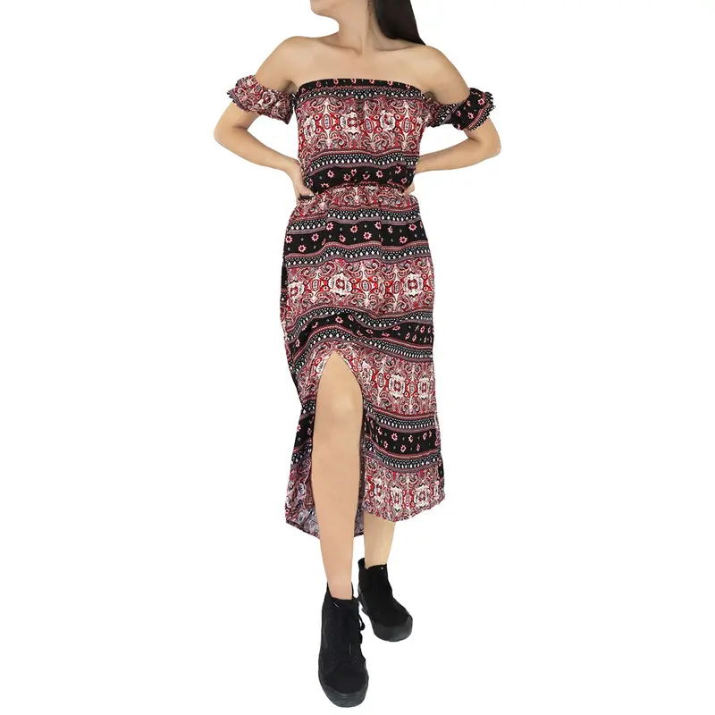 Vestido Casual Con Hombros Descubiertos Para Dama, Color Negro Con Rojo 1